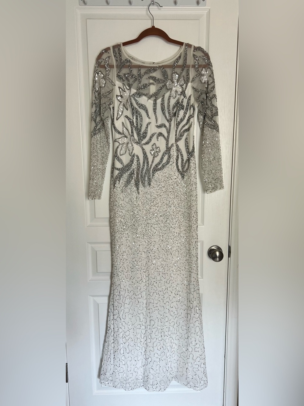 Adrianna Papell White and Silver Illusion Sleeve Sequin and Beaded Evening Gown